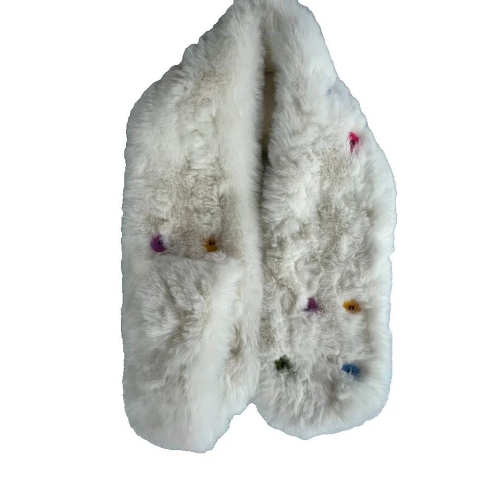 Kids Faux Fur Decorative Button Scarf White